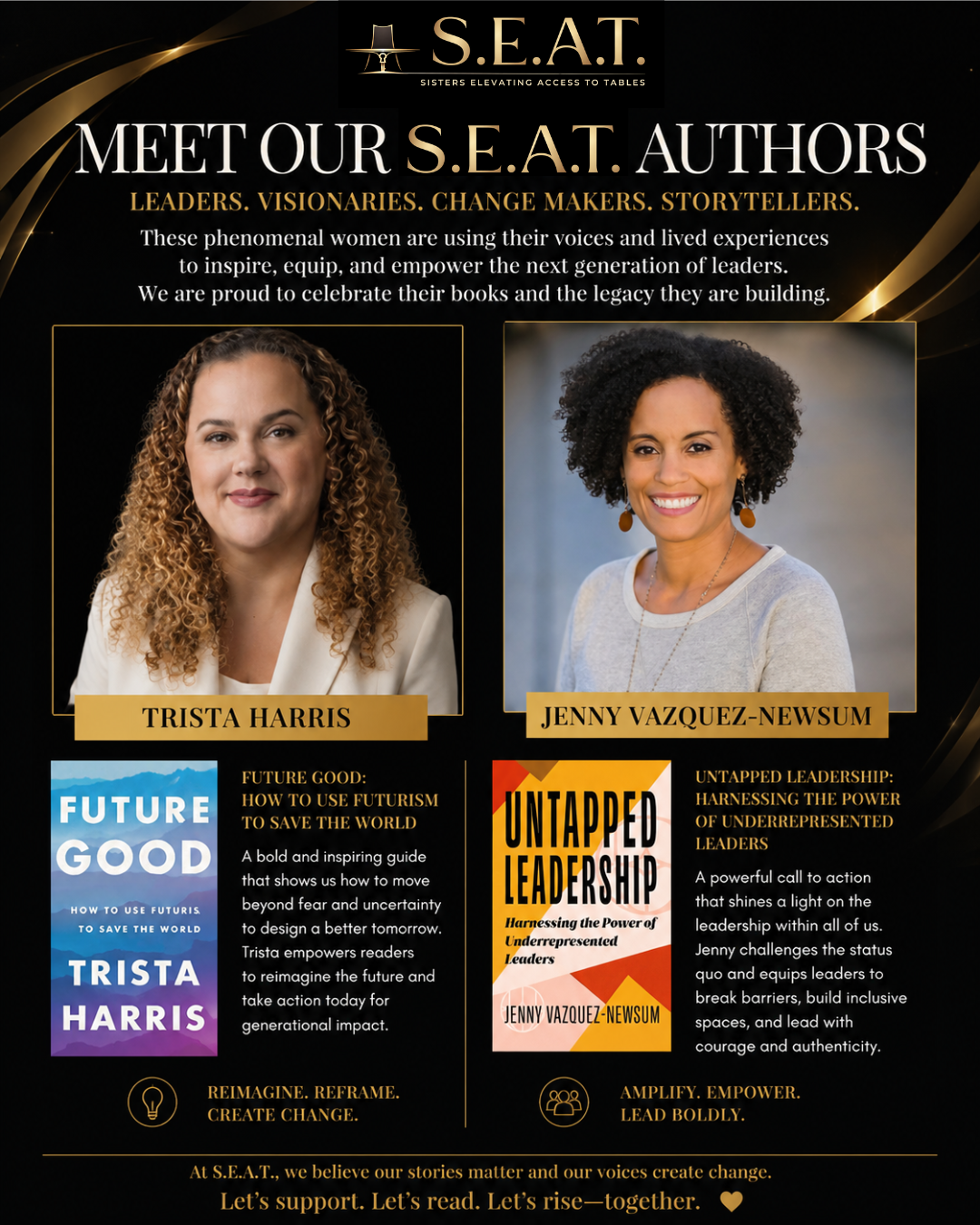 Meet our S.E.A.T. Authors — Trista Harris and Jenny Vazquez-Newsum, with their books Future Good and Untapped Leadership